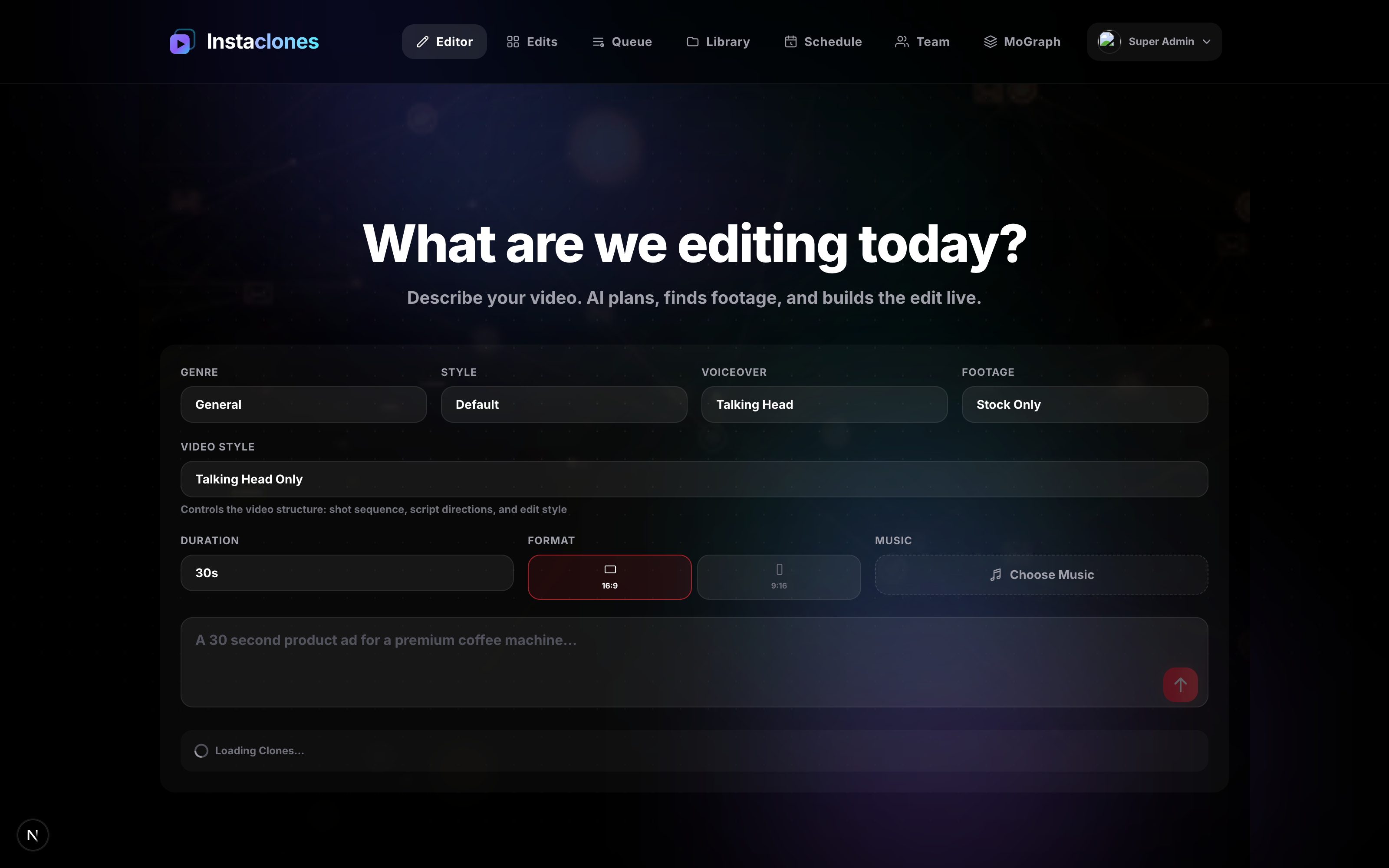 The Instaclones editor: describe your video and the AI builds it live
