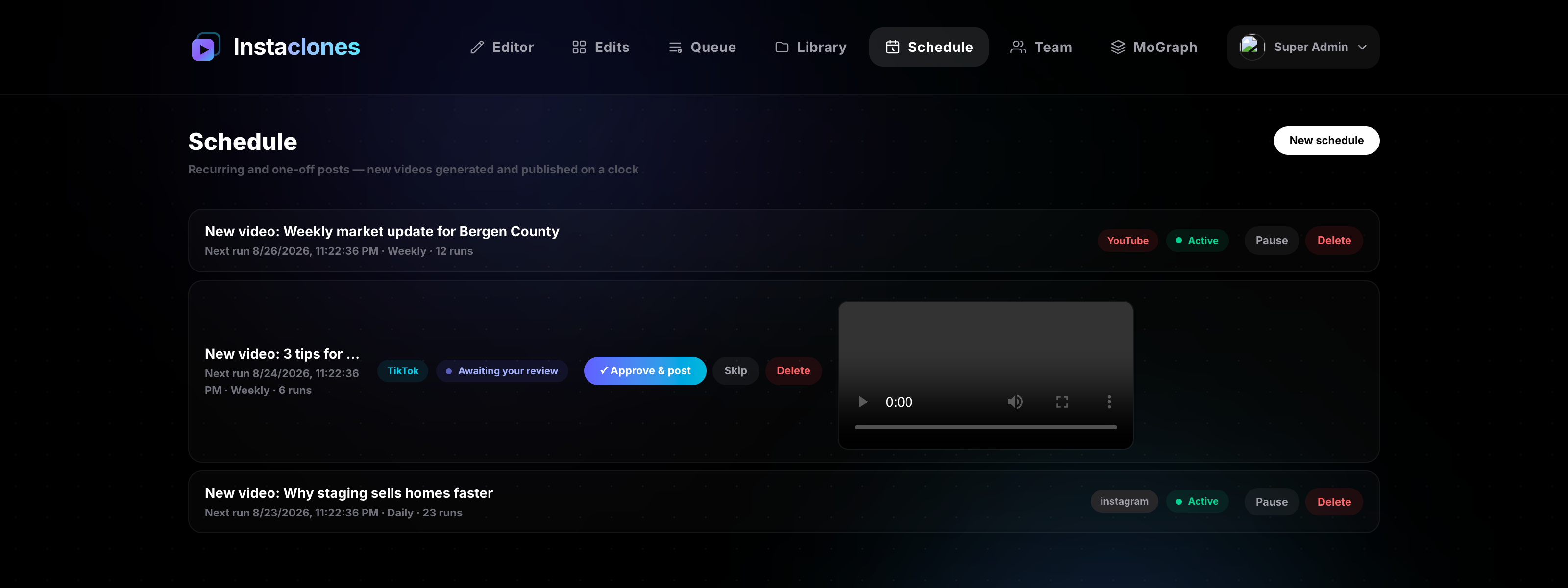 The Instaclones schedule: a generated video awaiting one-tap approval